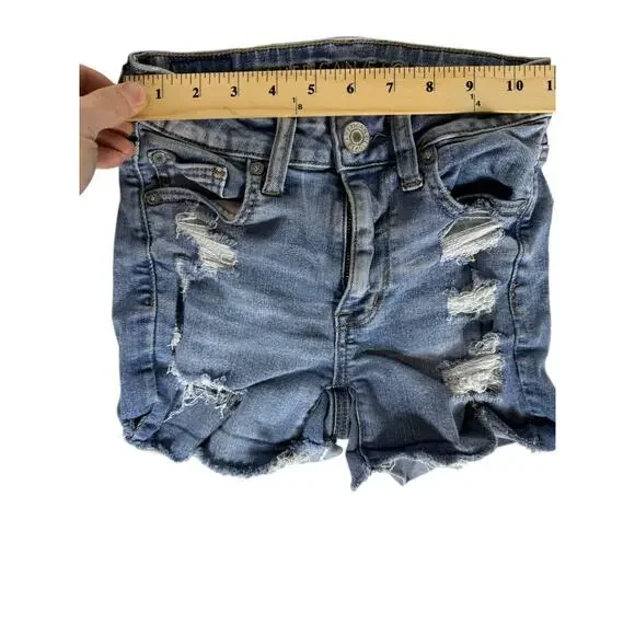 American Eagle Shorts women 00 Blue Hi-rise Shortie Ripped Denim - Picture 2 of 7